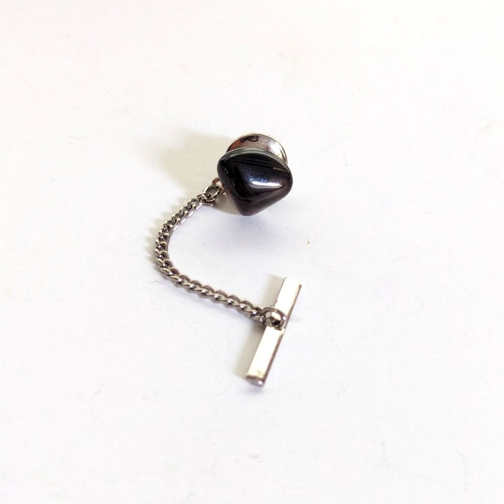 Vintage Estate Silver Tone Semi Sheer Black Art Glass Classic Tie Tack Pin